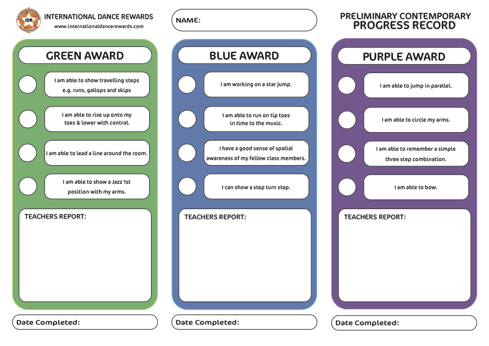 Rewards Progress Report International Dance Rewards | Progress Record Cards